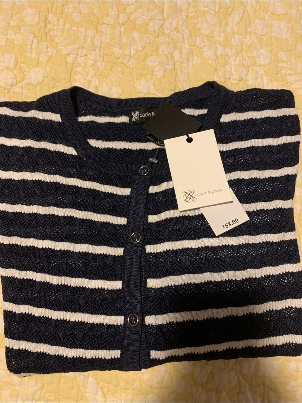 Cable & Gauge Striped Button-Front Women’s light Sweater Cardigan - Navy & White - Picture 2 of 5
